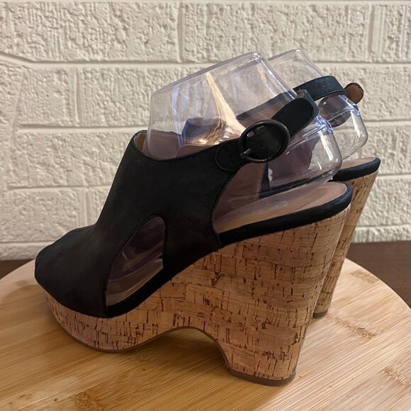 Franco Sarto Gabriel Black Peep Toe Leather Slingback Cork Heel Size 9.5 - Picture 4 of 9